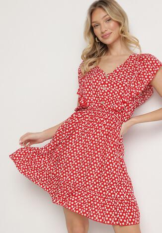 Czerwona Rozkloszowana Sukienka z Bawełny w Kwiaty z Guzikami Ronelle