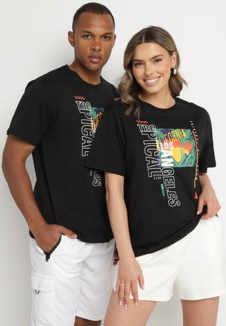 Czarna Koszulka T-shirt z Bawełny z Ozdobnym Nadrukiem Savenelle