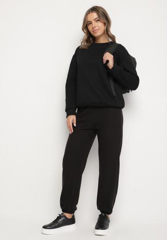 Czarne Bawełniane Spodnie Dresowe ze Sznurkiem i Polarową Podszewką Saliavera