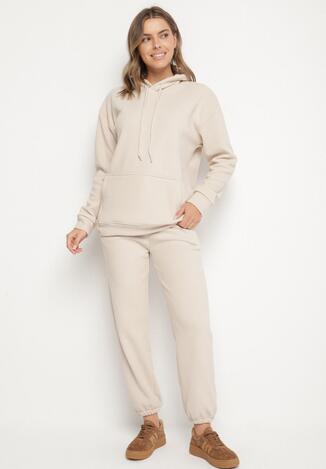 Beżowe Bawełniane Spodnie Dresowe ze Sznurkiem i Polarową Podszewką Saliavera