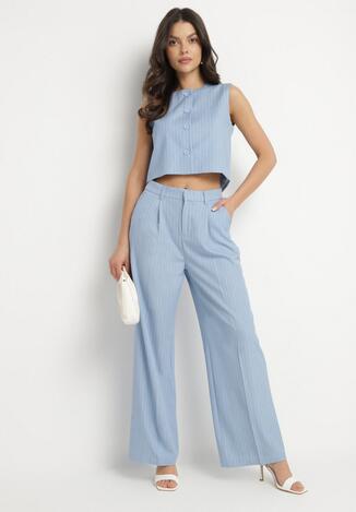 Niebieski Garniturowy Komplet z Wiskozą Kamizelka i Szerokie Spodnie Lirasienne