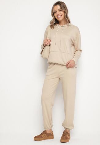 Beżowy Komplet Dresowy Bluza z Kapturem i Kangurową Kieszenią i Spodnie Liriela