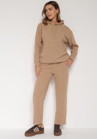 Ciemnobeżowy Bawełniany Komplet Dresowy z Bluzą i Spodniami Zansira