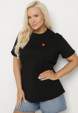 Czarny Bawełniany T-shirt Ozdobiony Sercem Tolianee