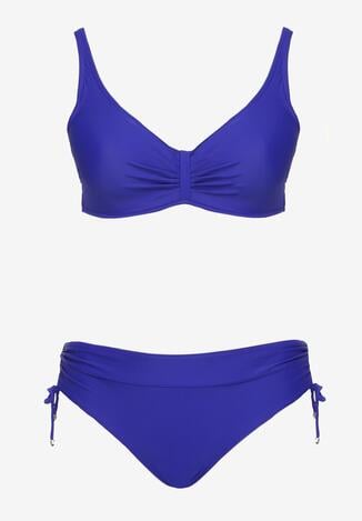 Granatowe Bikini Biustonosz z Marszczeniem i Majtki Figi ze Ściągaczami Sarimine