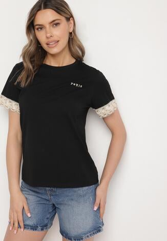 Czarny T-shirt z Bawełny Zdobiony Koronką z Cekinami Pollea