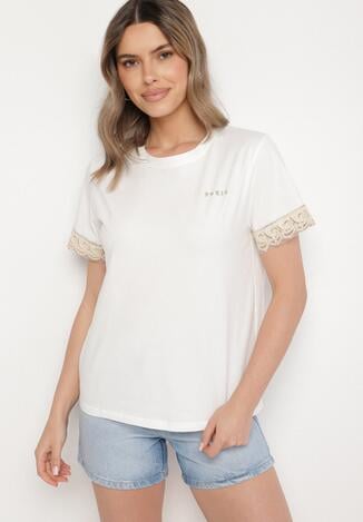 Biały T-shirt z Bawełny Zdobiony Koronką z Cekinami Pollea