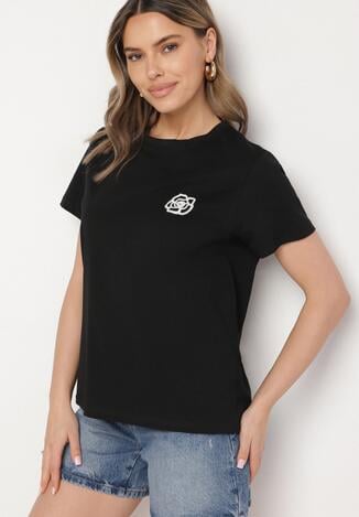 Czarny T-shirt z Bawełny Ozdobiony Naszywką Firolee
