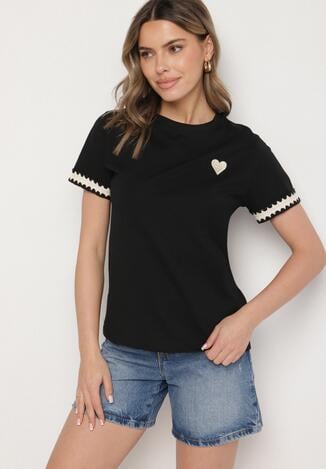 Czarny T-shirt z Bawełny Ozdobiony Sercem Firiane