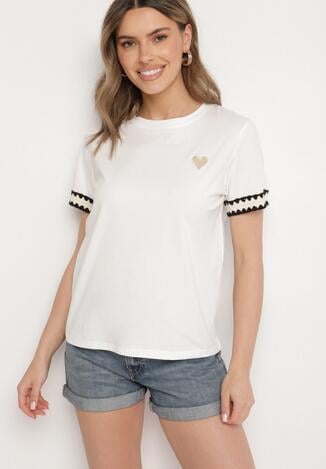 Biały T-shirt z Bawełny Ozdobiony Sercem Firiane