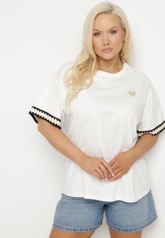 Biały Bawełniany T-shirt o Kroju Oversize ze Zdobieniem przy Rękawach Milatia
