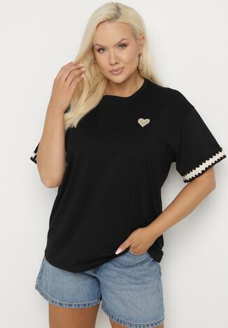 Czarny Bawełniany T-shirt o Kroju Oversize ze Zdobieniem przy Rękawach Milatia