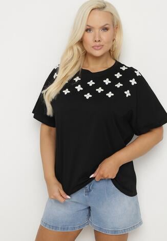 Czarny T-shirt z Bawełny Ozdobiony Cyrkoniami i Haftami Firarette