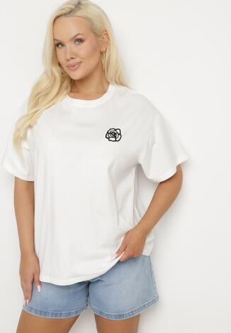 Biały T-shirt z Bawełny z Naszywką Kwiatu Firirene