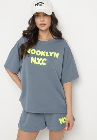 Granatowy Komplet Oversize z Wiskozą T-shirt i Szorty z Nadrukiem Liravella