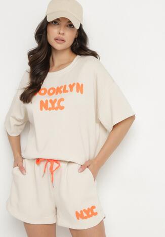 Beżowy Komplet Oversize z Wiskozą T-shirt i Szorty z Nadrukiem Liravella