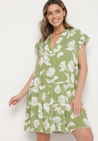 Jasnozielona Bawełniana Sukienka o Kroju Oversize w Kwiaty Liralea
