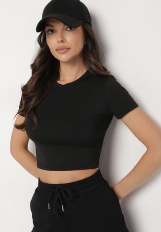 Czarny T-shirt z Wiskozą o Dopasowanym Kroju Typu Crop Top Folirra