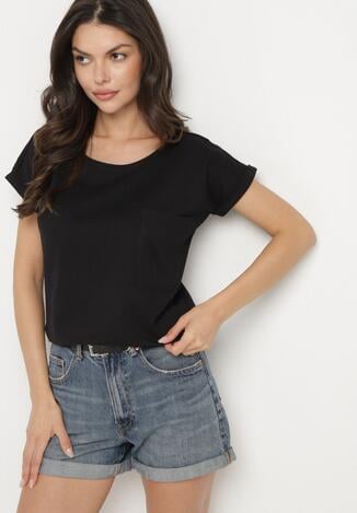 Czarny T-shirt z Bawełny Ozdobiony Kieszonką Ziarene