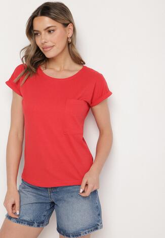 Czerwony T-shirt z Bawełny Ozdobiony Kieszonką Ziarene