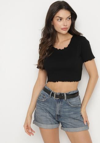Czarny Prążkowany T-shirt z Bawełną Adlesa