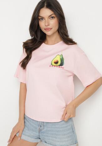 Różowy T-shirt z Bawełną i Motywem Awokado Addixa