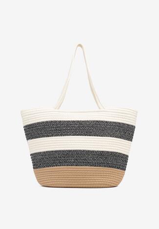Czarno-Beżowa Torebka Typu Shopper z Bawełny Ozdobiona Paskami Lirellea