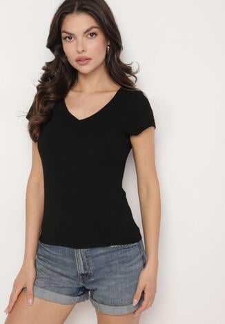 Czarny T-shirt z Wiskozą z Prążkowanej Dzianiny Ralendria