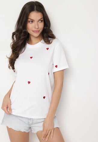 Biało-Czerwony T-shirt z Bawełny w Serca Kolavelle