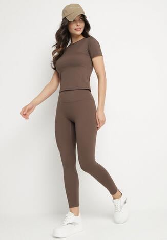 Brązowy Komplet Sportowy Legginsy i Dopasowany T-shirt Silendria