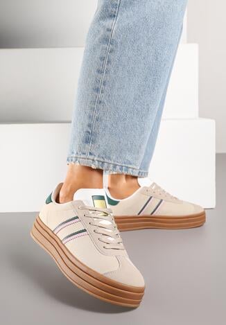 Beżowo-Zielone Sneakersy na Platformie z Minimalistycznymi Przeszyciami Teritha