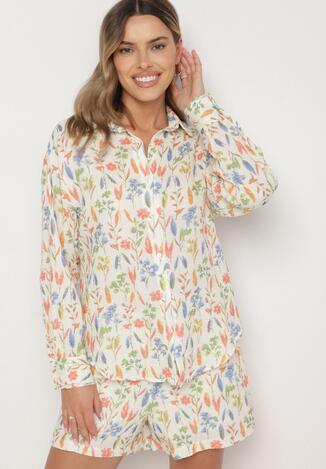 Beżowa Koszula z Bawełny z Kwiatowym Motywem Nilarienne