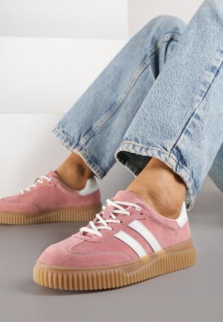 Różowe Skórzane Sneakersy Klasyczne Tenisówki z Zamszu Naturalnego ze Wzorem w Panterkę Teniresela