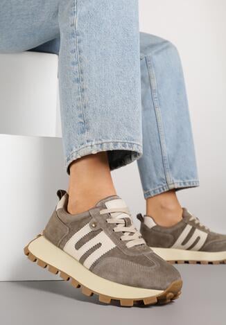 Ciemnobeżowe Skórzane Sneakersy z Geometrycznym Motywem Melussea
