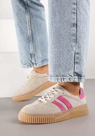 Beżowo-Fuksjowe Sneakersy Typu Tenisówki ze Skórzaną Wkładką Ozdobione Paskami Melissele