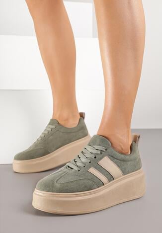 Zielone Sneakersy Kultowe Tenisówki na Platformie z Koturnem Elisara