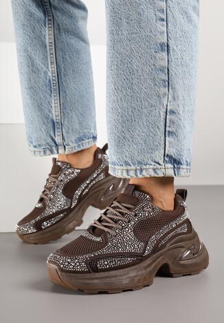 Brązowe Sneakersy na Grubej Podeszwie z Cyrkoniami Lenisse