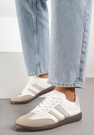 Beżowo-Białe Płaskie Sneakersy Ozdobione Paskami Glaria