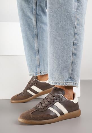 Brązowe Płaskie Sneakersy Ozdobione Paskami Glaria