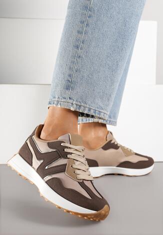 Brązowe Sneakersy na Płaskiej Podeszwie z Geometryczną Wstawką Helidi