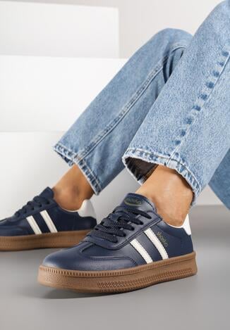 Granatowe Sneakersy w Stylu Tenisówek z Paskami na Boku Saliena