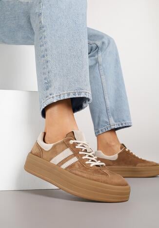 Brązowe Zamszowe Sneakersy na Grubej Podeszwie z Paskami i Skórzaną Wkładką Felenne
