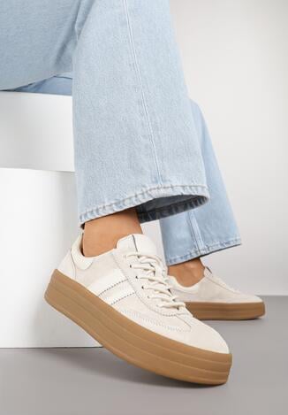 Jasnobeżowe Zamszowe Sneakersy na Grubej Podeszwie z Paskami i Skórzaną Wkładką Felenne