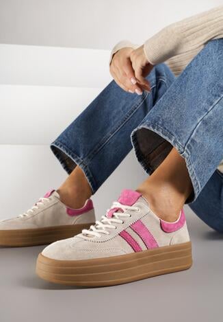 Beżowo-Fuksjowe Zamszowe Sneakersy na Grubej Podeszwie z Paskami i Skórzaną Wkładką Felenne