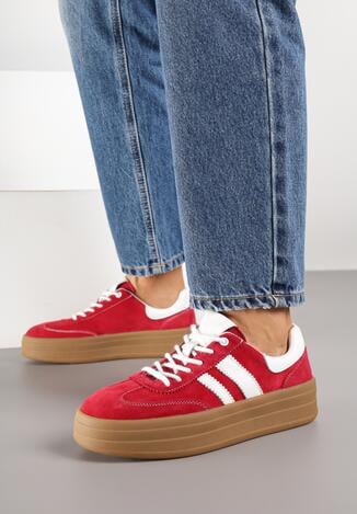 Czerwone Zamszowe Sneakersy na Grubej Podeszwie z Paskami i Skórzaną Wkładką Felenne