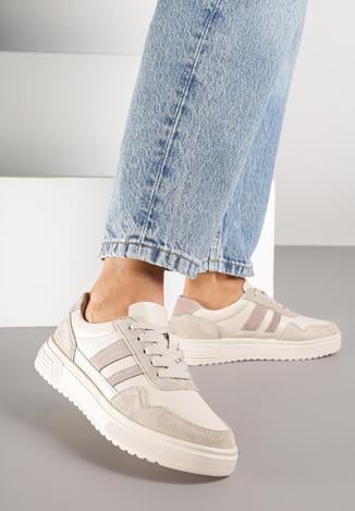 Beżowe Skórzane Sneakersy z Paskami Andaxele
