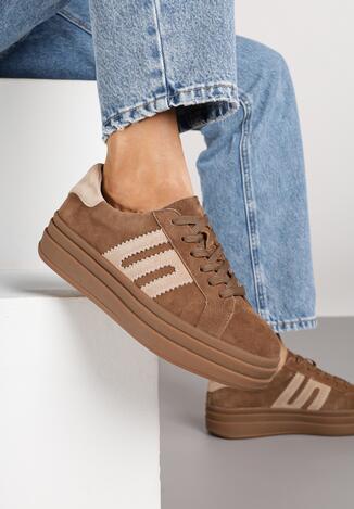 Brązowe Zamszowe Sneakersy na Grubej Podeszwie ze Skórzaną Wkładką i Naszywką Rilaressa