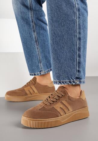 Brązowe Sneakersy Tenisówki ze Skóry Naturalnej z Geometrycznym Motywem Haleria