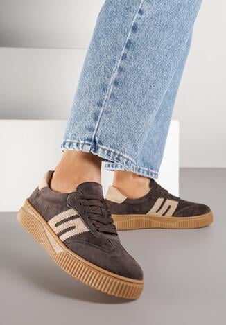 Ciemnobrązowe Sneakersy Tenisówki ze Skóry Naturalnej z Geometrycznym Motywem Haleria