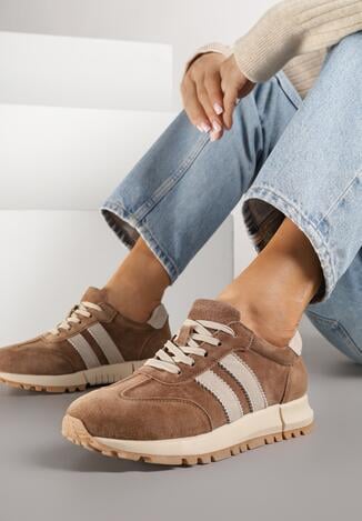 Brązowe Skórzane Sneakersy z Ozdobnymi Paskami Felindda
